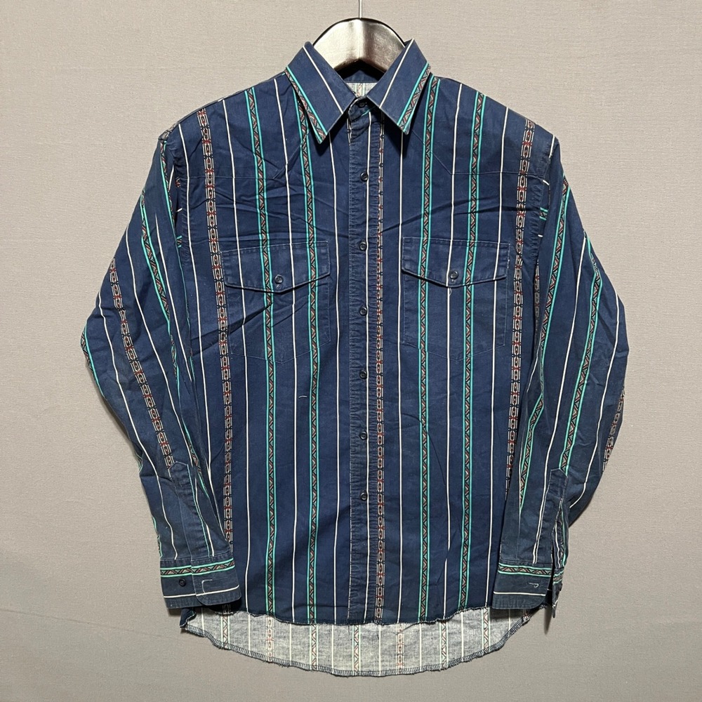 Wrangler Western Shirt Men Large Blue Striped Aztec Geometric Long Sleeve Button